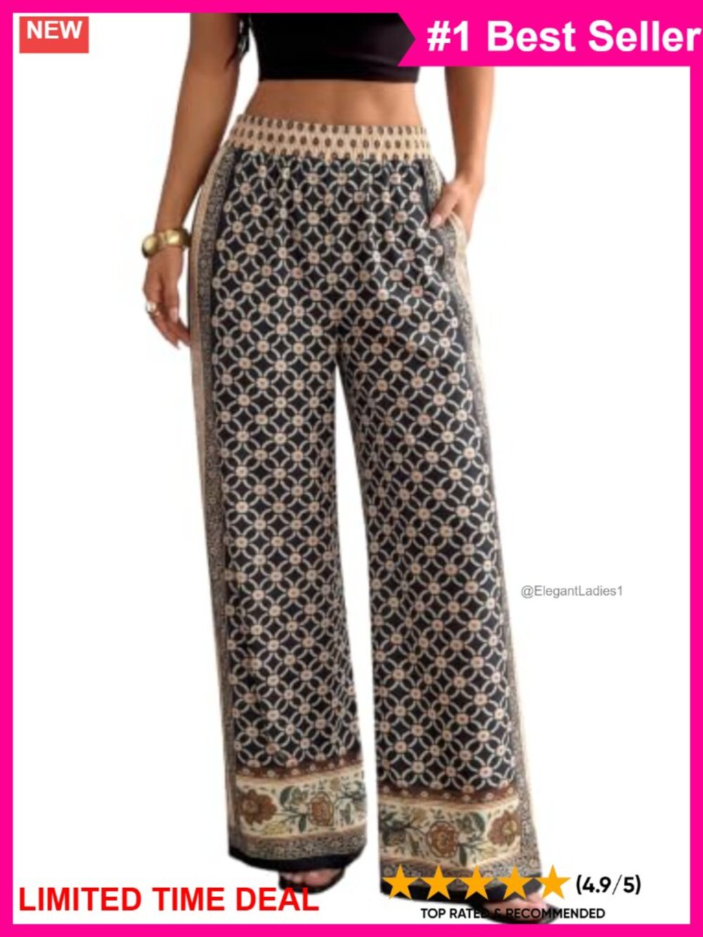 Women's Floral Print Wide Leg Palazzo Pants Elastic Waist Pockets Casual